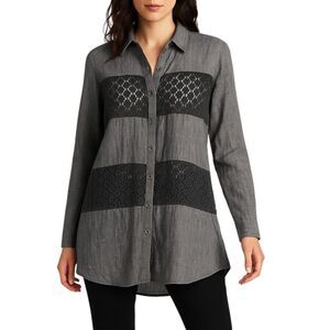 NEW Free People Small / Med. Gray Top Semi-Sheer Black Eyelet Lace Button Front